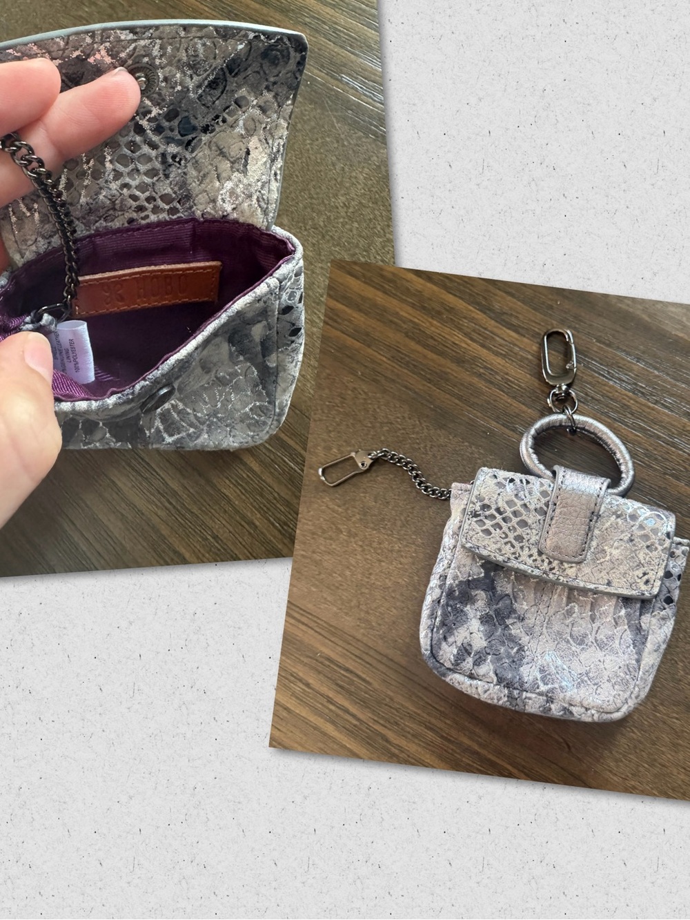HOBO Silver Snake-Embossed Mini Key Pouch with Purple Lining